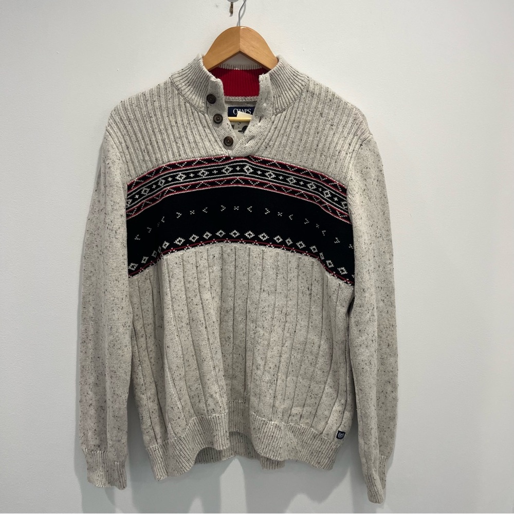 CHAPS Vintage Knit Crewneck Henley Winter Pattern Sweater | Mens Large